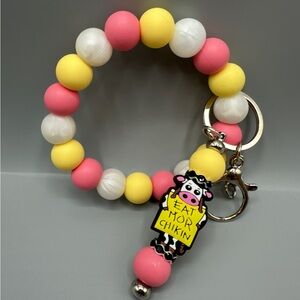 Eat Mor Chikin Silicone Beaded Wristlet with Bangle, Hands Free Bracelet, Cow